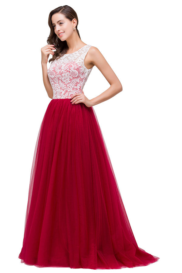 Vestidos de dama de honor burdeos de corte A, encaje y gasa