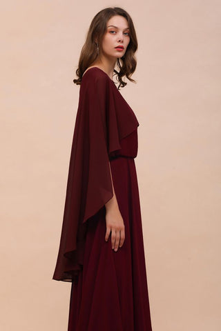 Burgundy Bridesmaid Dresses Spaghetti Straps Chiffon Floor Length Wedding Guest Dress with Back Cape Wraps
