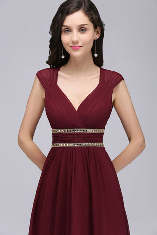 Burgundy Chiffon Sheath V Neck Long Evening Dresses
