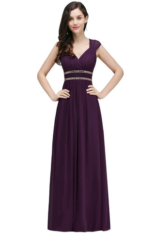Burgundy Chiffon Sheath V Neck Long Evening Dresses