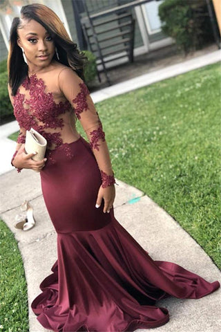 Burgundy Evening Gowns Long Sleeves Open Back Sheer Appliques Mermaid Prom Dresses