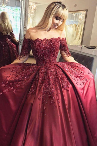 Burgundy Evening Gowns Off-the-Shoulder Long Sleeves Crystal Appliques Ball Prom Dresses