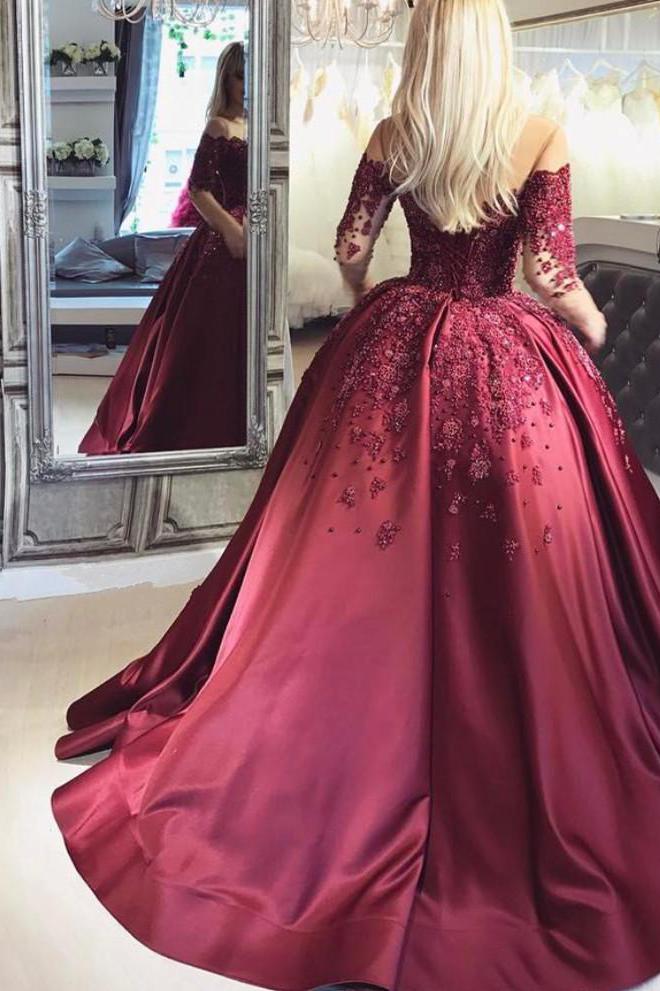Burgundy Evening Gowns Off-the-Shoulder Long Sleeves Crystal Appliques Ball Prom Dresses