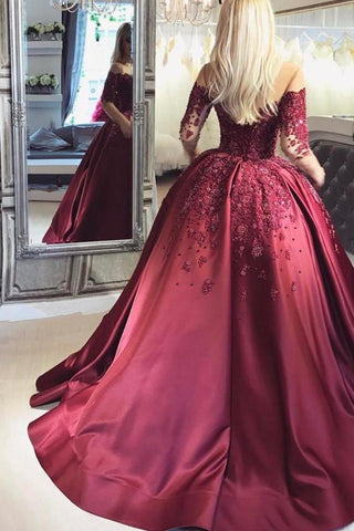 Burgundy Evening Gowns Off-the-Shoulder Long Sleeves Crystal Appliques Ball Prom Dresses