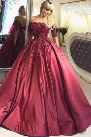 Burgundy Evening Gowns Off-the-Shoulder Long Sleeves Crystal Appliques Ball Prom Dresses