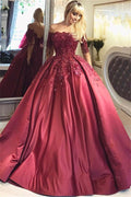 Burgundy Evening Gowns Off-the-Shoulder Long Sleeves Crystal Appliques Ball Prom Dresses