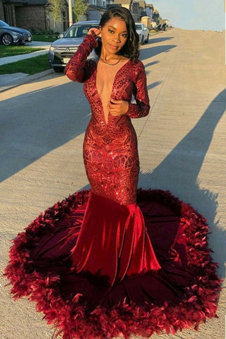 Burgundy Evening Gowns Sexy Deep V-Neck Long Sleeves Mermaid Prom Dress With Sequins