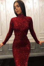 Burgundy Evening Gowns Sheath High-Neck Long Sleeves Sequins Split Prom Dresses
