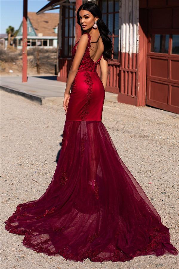 Burgundy Evening Gowns Straps Appliques Tulle Mermaid Prom Dresses