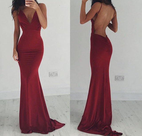 Burgundy Evening Gowns Stretchy Spaghettis-Straps Backless Column Prom Dresses