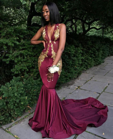 Burgundy Evening Gowns V-Neck Prom Dress, Mermaid Evening Party Gowns