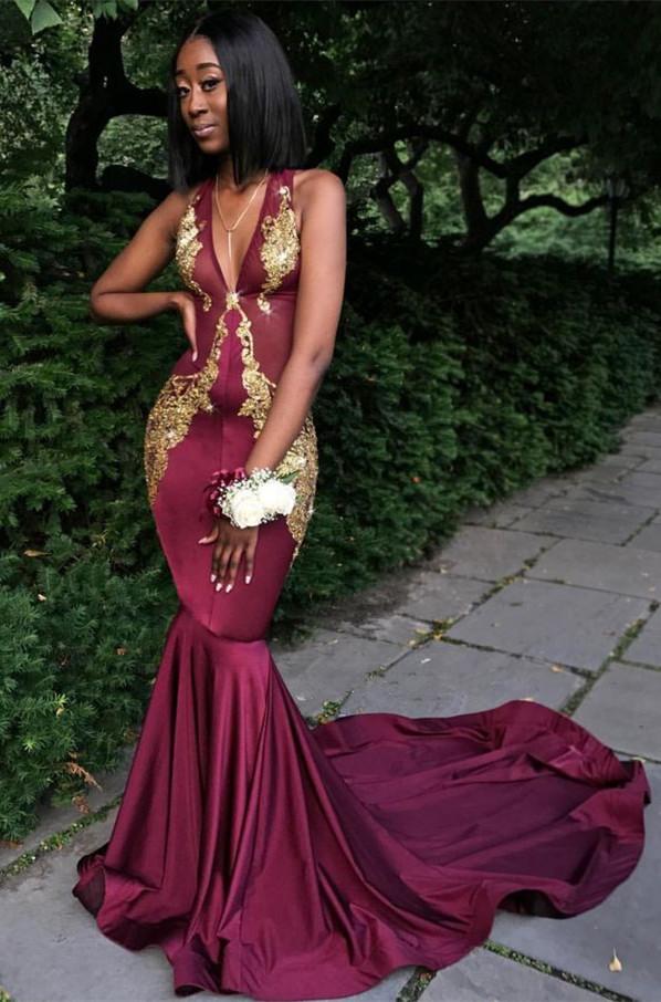 Robe de soirée bordeaux à col en V, robe de bal, robe de soirée sirène