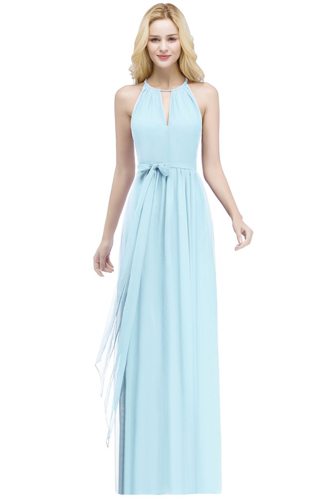 Vestidos de dama de honor burdeos, corte línea A, largos hasta el suelo, con cuello halter y fajín con lazo.