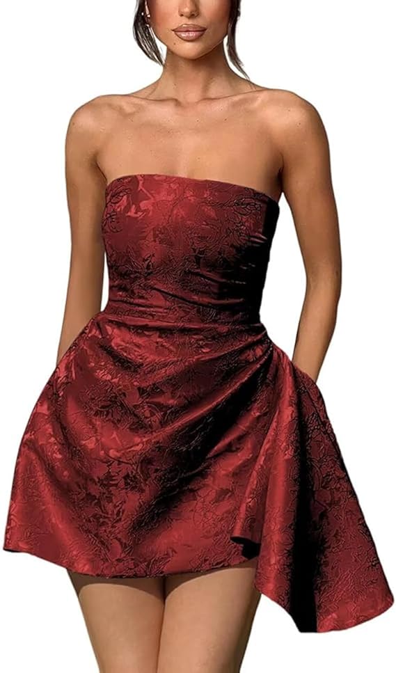 Vestido corto de fiesta de bienvenida, sin tirantes, corte en A, de satén jacquard, asimétrico, con cordones.