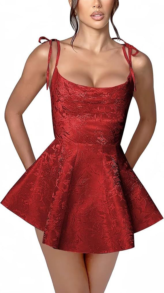 Vestido corto de fiesta de corte A con tirantes finos, de satén, sin mangas, estilo jacquard.
