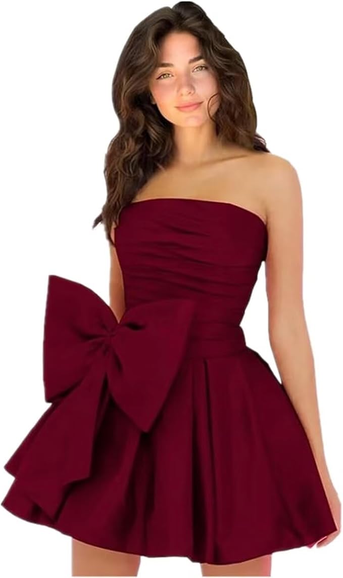 Robes de soirée courtes et chics pour le bal de promo, coupe trapèze, sans manches, bustier, froncées, lacées et ornées d'un nœud.