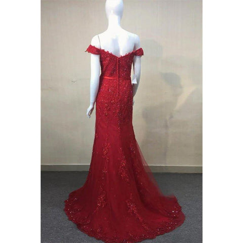 Robe de bal sirène bordeaux en dentelle et perles, épaules dénudées 