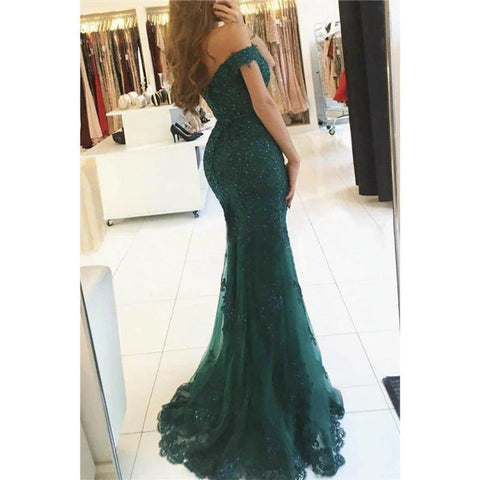 Robe de bal sirène bordeaux en dentelle et perles, épaules dénudées 