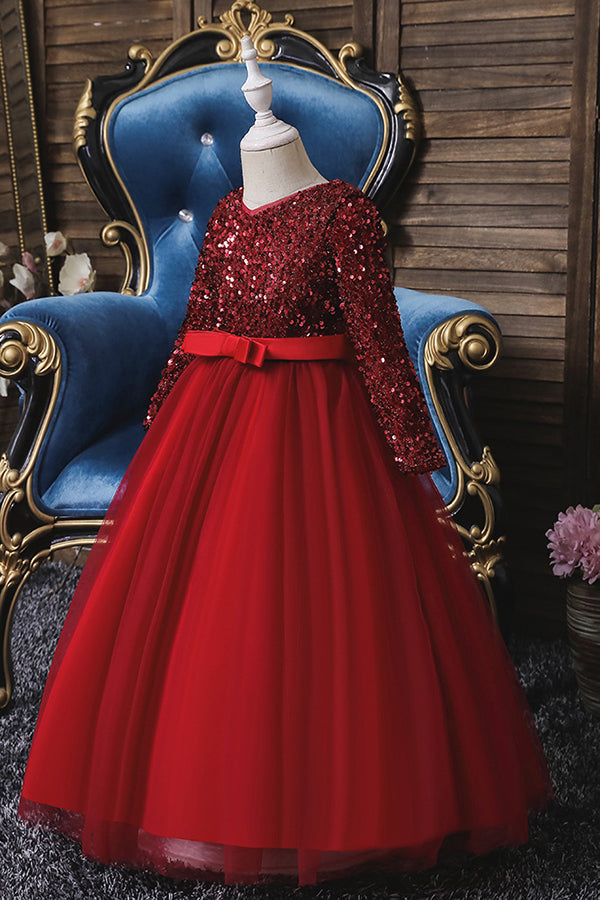 Vestidos de niña de las flores de tul con lentejuelas de manga larga color burdeos