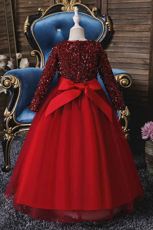 Robes de demoiselle d'honneur bordeaux à manches longues en tulle et sequins