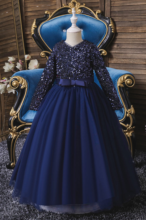 Vestidos de niña de las flores de tul con lentejuelas de manga larga color burdeos