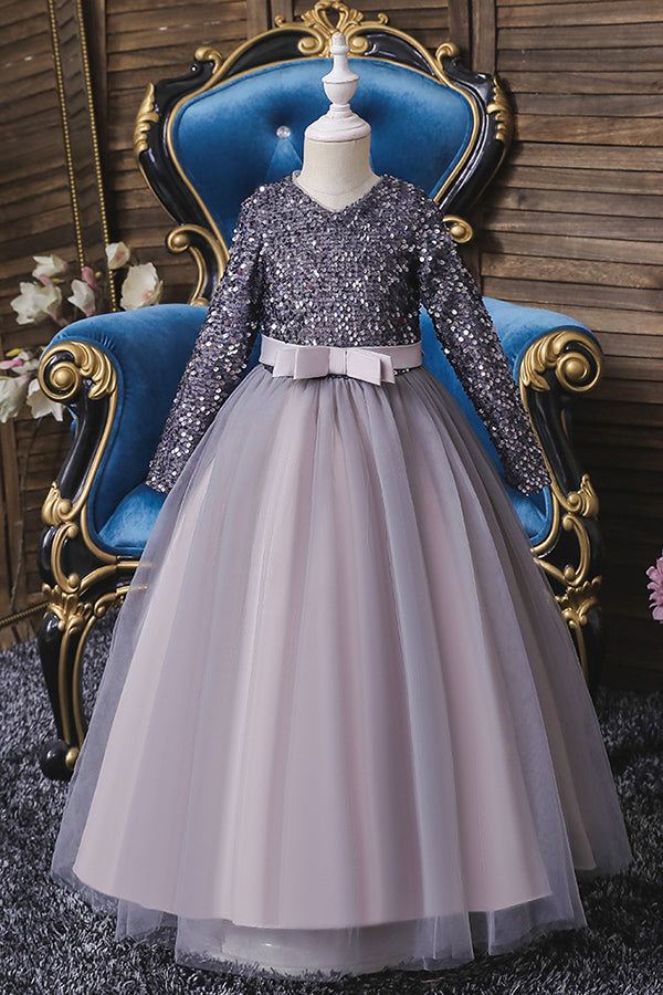 Vestidos de niña de las flores de tul con lentejuelas de manga larga color burdeos