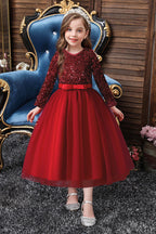 Robes de demoiselle d'honneur bordeaux à manches longues en tulle et sequins