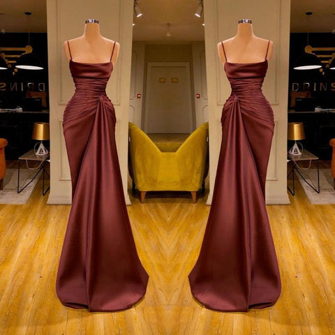 Burgundy Mermaid Ruffles Prom Dress Long Spaghetti-Straps