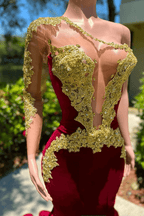 Burgundy One Shoulder Long Sleeve Mermaid Prom Dresses With Appliques