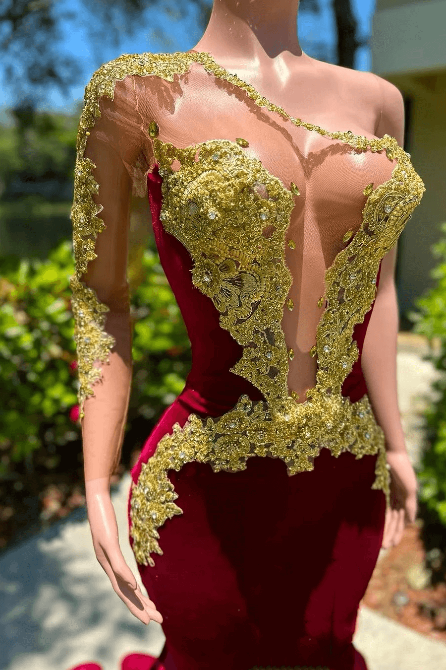 Burgundy One Shoulder Long Sleeve Mermaid Prom Dresses With Appliques