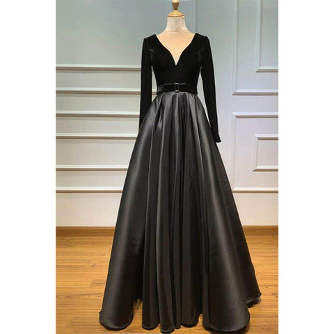 Vestido de fiesta largo de satén burdeos con escote en V, terciopelo, manga larga, corte A y bolsillos 