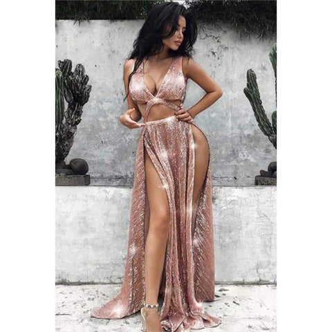 Vestido de fiesta largo con escote en V profundo y lentejuelas color burdeos 