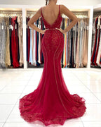 Burgundy V-Neck Sleeveless Mermaid Evening Dress Lace Appliques With Beadings