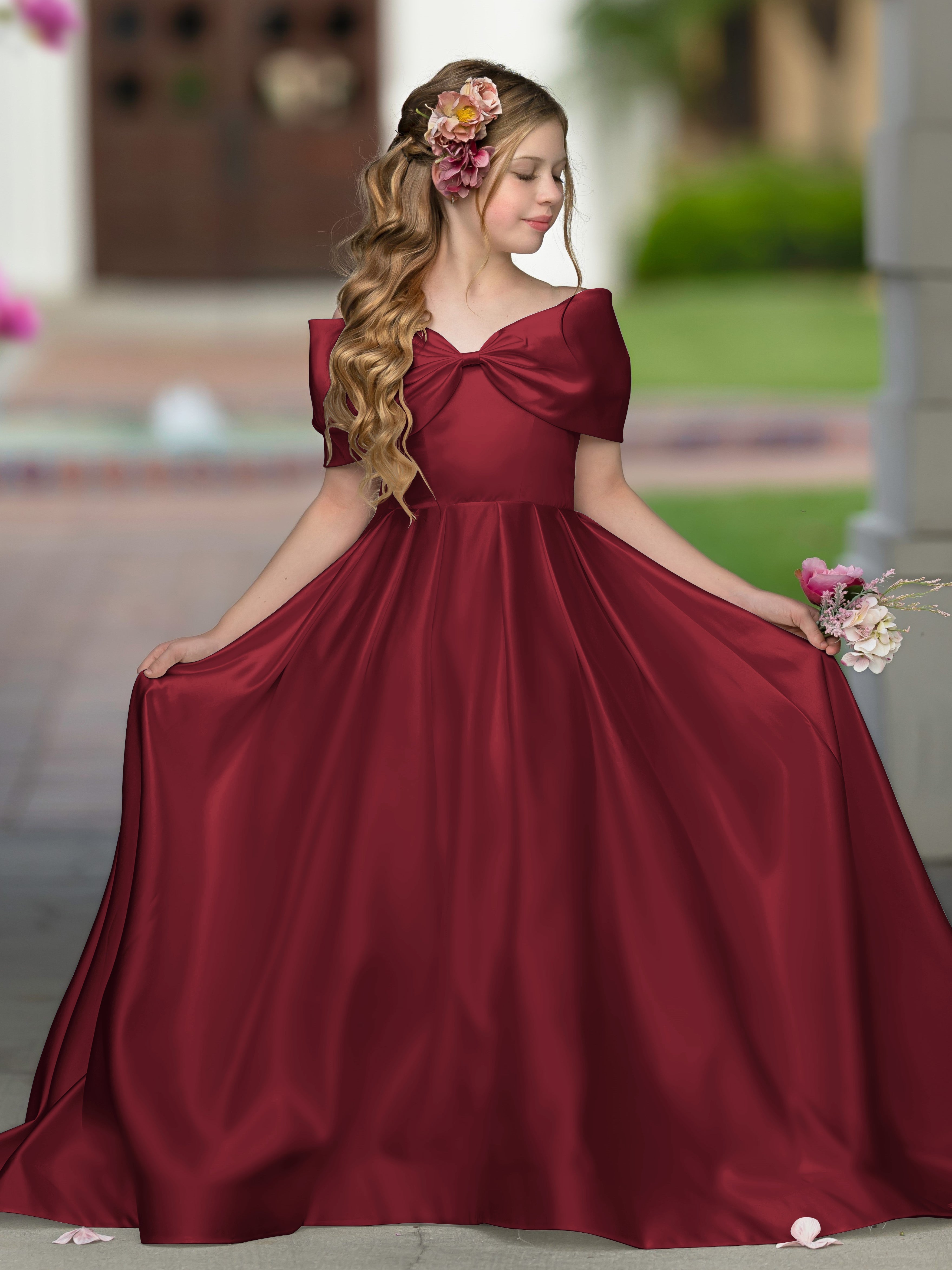 Robe de bal princesse élégante en satin ivoire avec traîne et nœud pour demoiselles d'honneur 