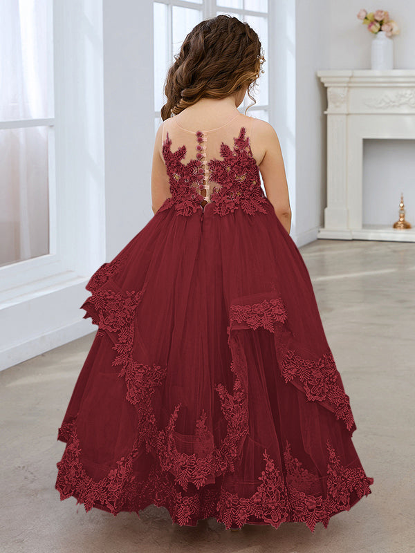 Vestido de princesa sin mangas de tul con apliques de encaje y cola corta para niñas 