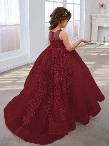 Vestido de princesa rosa para niñas con apliques de encaje 