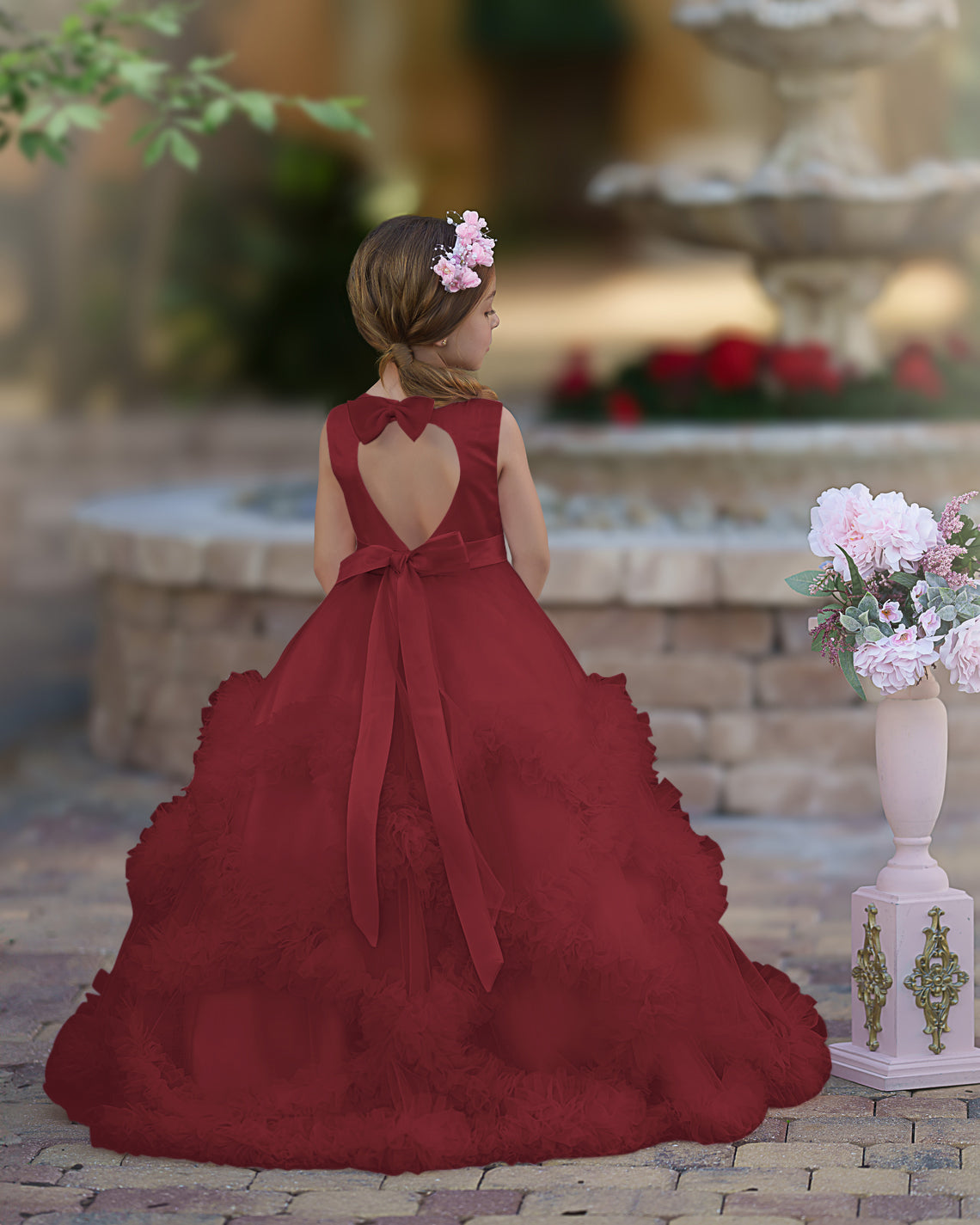 Vestido de niña de las flores de corte A, de satén y tul, hasta el suelo, con volantes en cascada. 