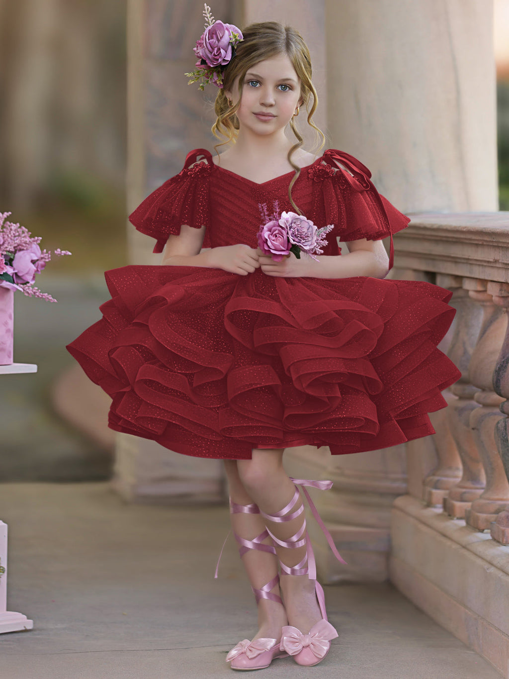 Vestido de princesa/vestido de tul hasta la rodilla para niña de las flores de cumpleaños