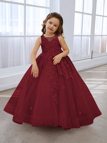 Vestido de princesa rosa para niñas con apliques de encaje 