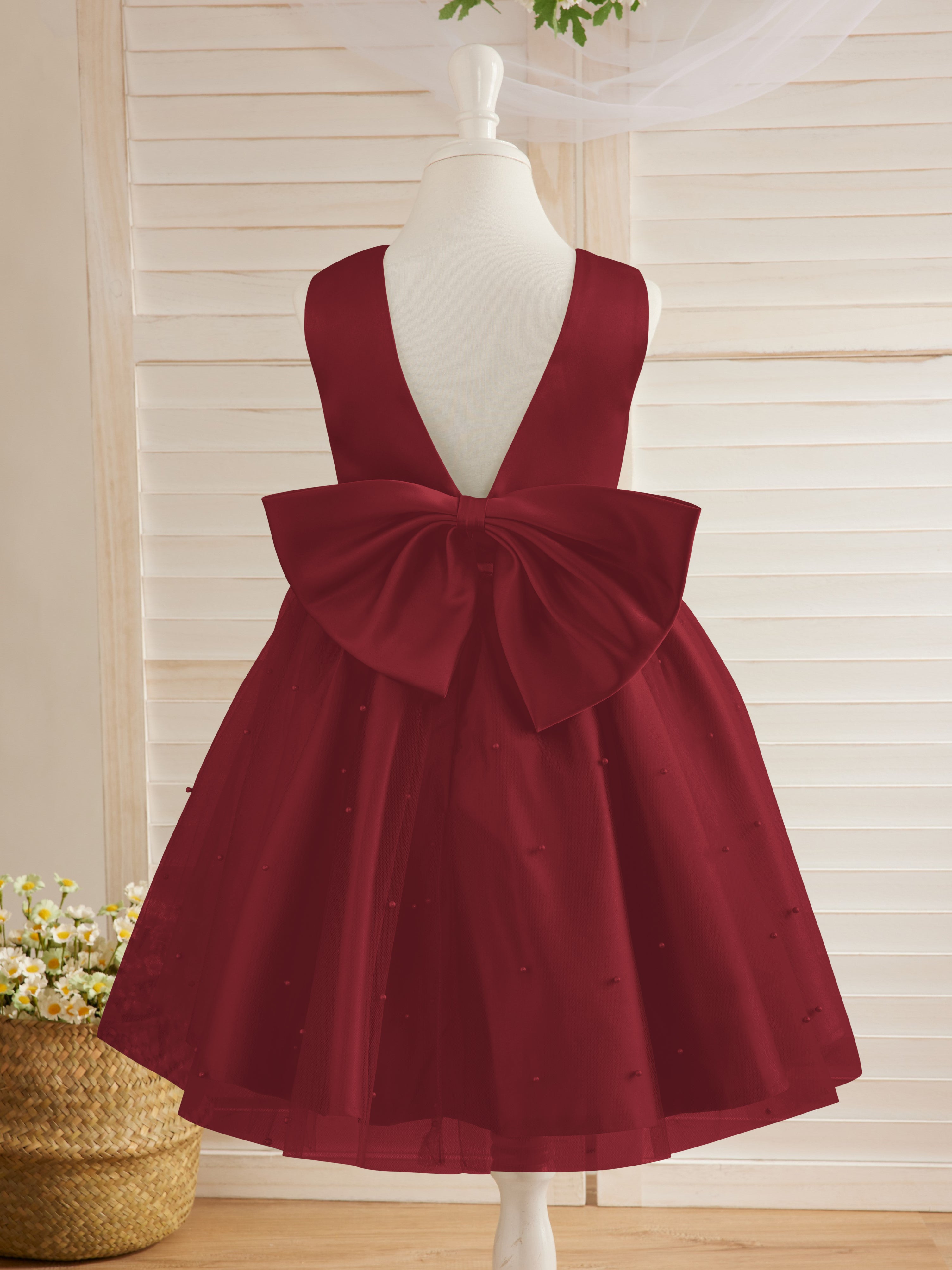 Vestido de princesa/vestido de princesa de satén y tul hasta la rodilla para niña de las flores 