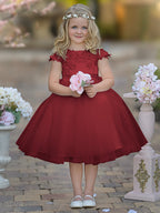 Vestido de niña de las flores de la Primera Comunión, color marfil, de tul satinado hasta la rodilla 