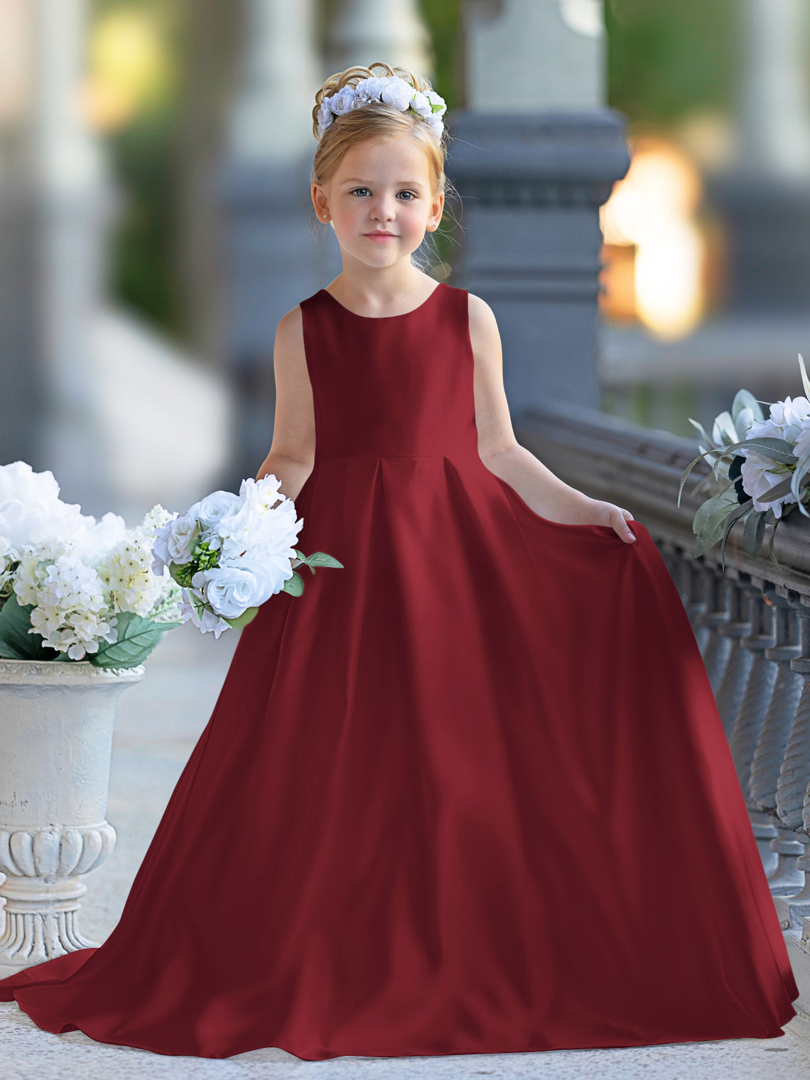 Vestido de niña de las flores para la Primera Comunión, corte en A, encaje y satén, hasta el suelo 