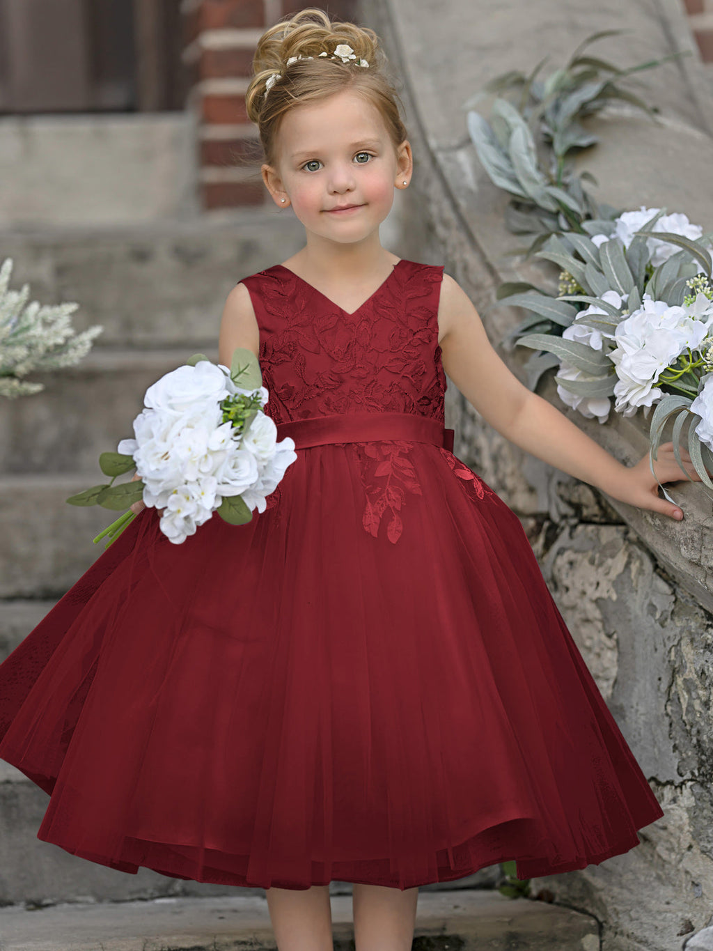 Vestido de niña de las flores sin mangas de tul y encaje hasta la rodilla 