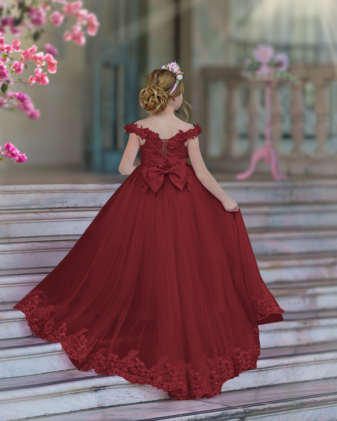 Vestido de gala/princesa rosa con cola de encaje para cumpleaños 