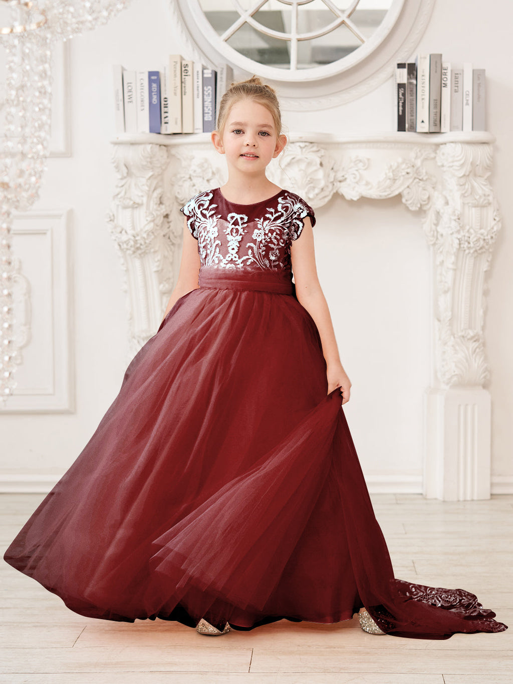 Vestido rosa de niña de las flores, corte en A, encaje, tul y cola corta 
