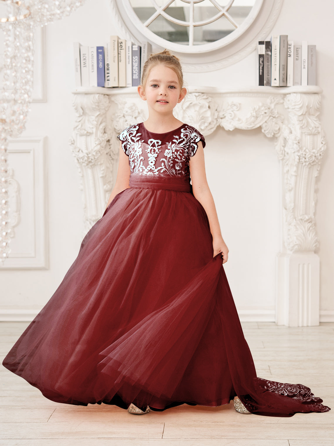 Vestido rosa de niña de las flores, corte en A, encaje, tul y cola corta 