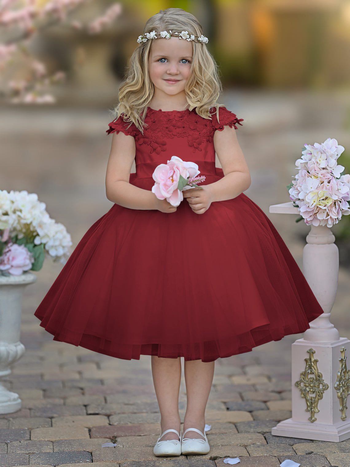 Vestido de niña de las flores de la Primera Comunión, color marfil, de tul satinado hasta la rodilla 