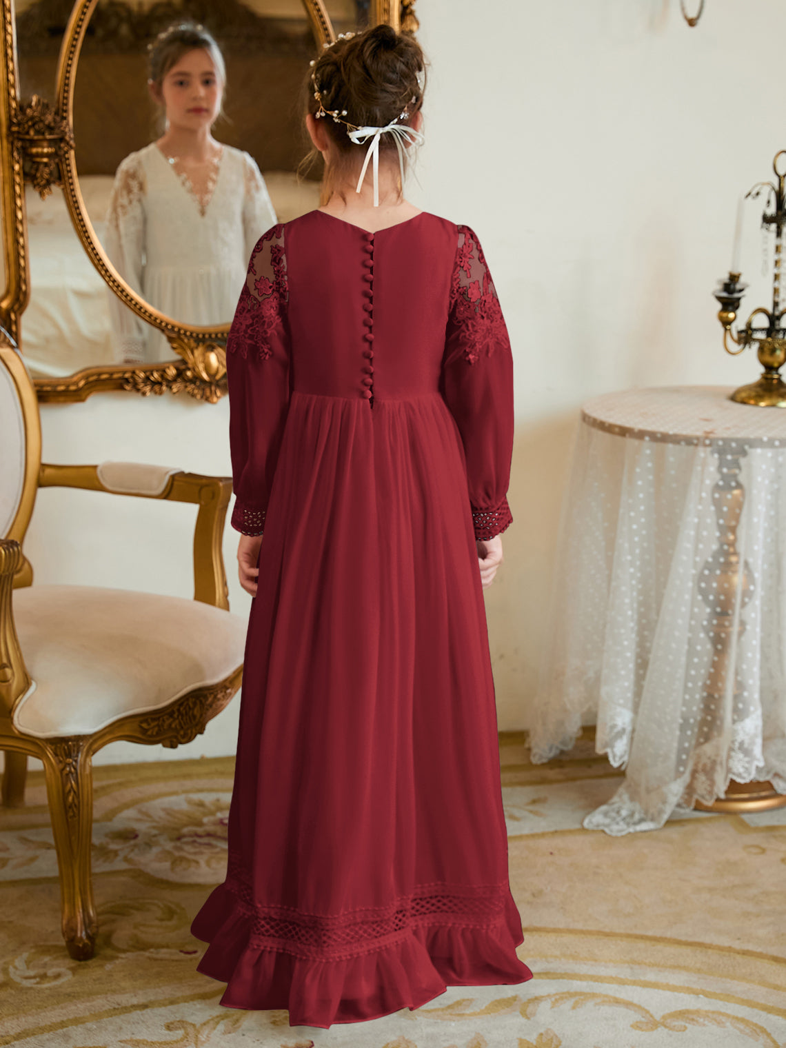 Vestido de Primera Comunión color marfil, corte en A, de gasa hasta el suelo 