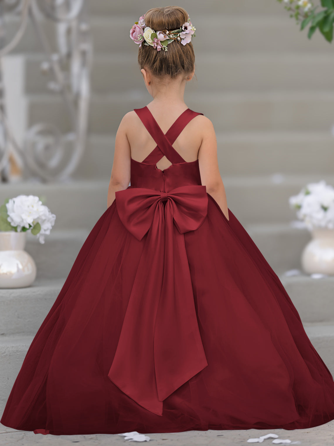 Vestido de niña de las flores clásico de corte en A sin mangas en satén y tul 