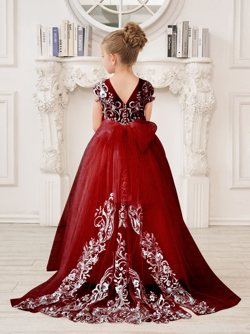 Vestido rosa de niña de las flores, corte en A, encaje, tul y cola corta 